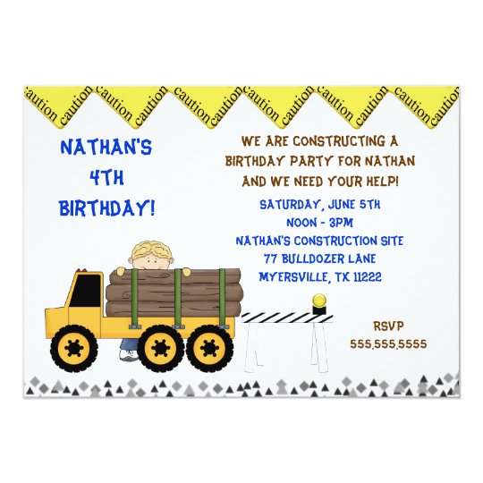 Boy Log loader Truck Birthday Party Invitation