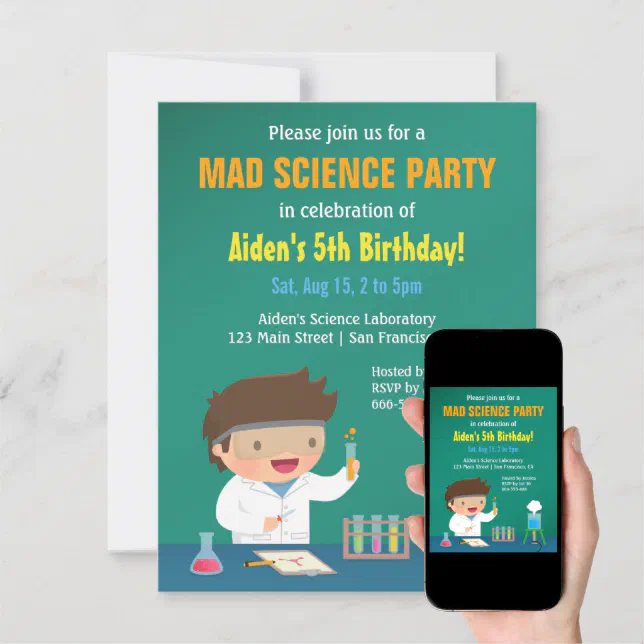 Boy Loves Mad Science Birthday Party Invitations | Zazzle