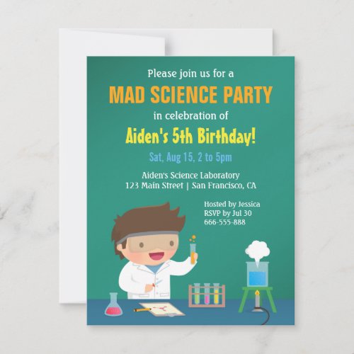 Boy Loves Mad Science Birthday Party Invitations