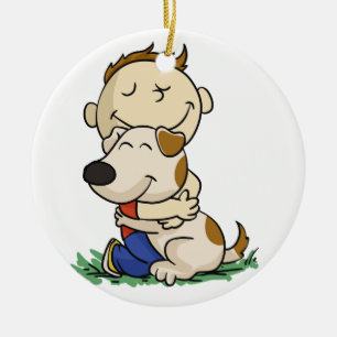 Boy lovingly hugging his dog   choose back color ceramic ornament