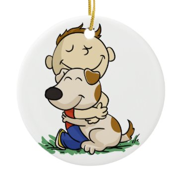 Boy lovingly hugging his dog | choose back color ceramic ornament