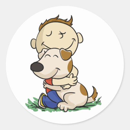 Boy lovingly hugging his dog  choose back color classic round sticker