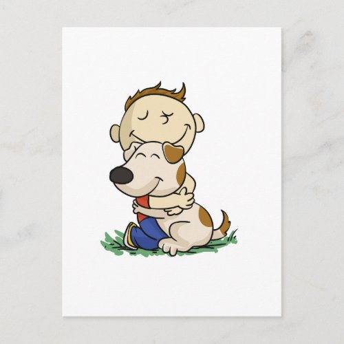 Boy lovingly hugging his dog  choose back color postcard
