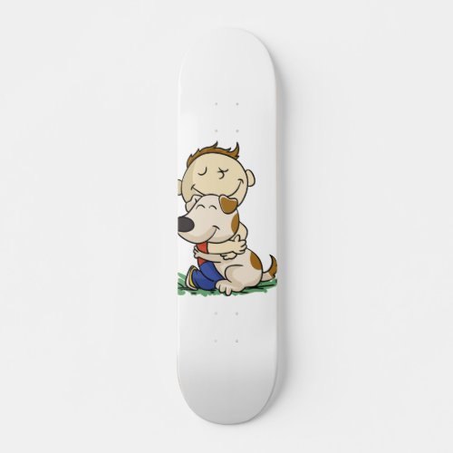 Boy lovingly hugging his dog  choose back color skateboard