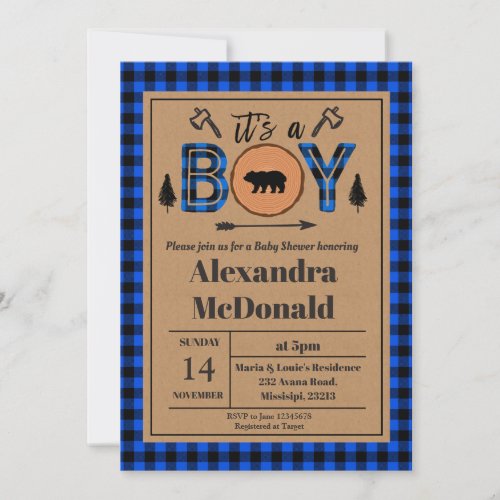 Boy Lumberjack Baby Shower Invitation navy blue