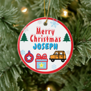 Boy Merry Christmas Trees Orange Car Ceramic Ornament