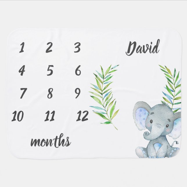 Boy Milestone Cute Elephant Safari Jungle Baby Blanket (Horizontal)