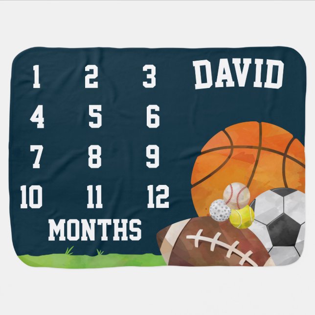 Boy Milestone Sport Personalized Navy Blue Baby Blanket (Horizontal)