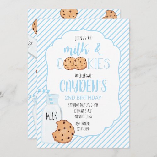 Boy Milk and Cookies blue Birthday Invitation