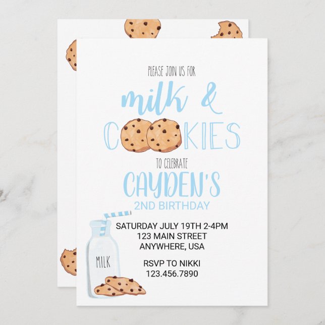 Boy Milk and Cookies Blue Birthday Invitation (Front/Back)