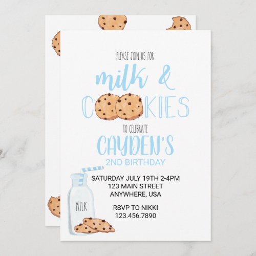 Boy Milk and Cookies Blue Birthday Invitation