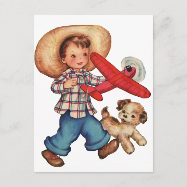 Boy Model Plane and Puppy Postcard (Front)