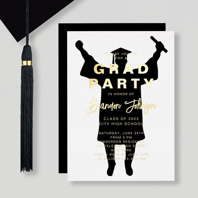 Boy Modern Black Gold Graduation Party Foil Invitation (Creator Uploaded)