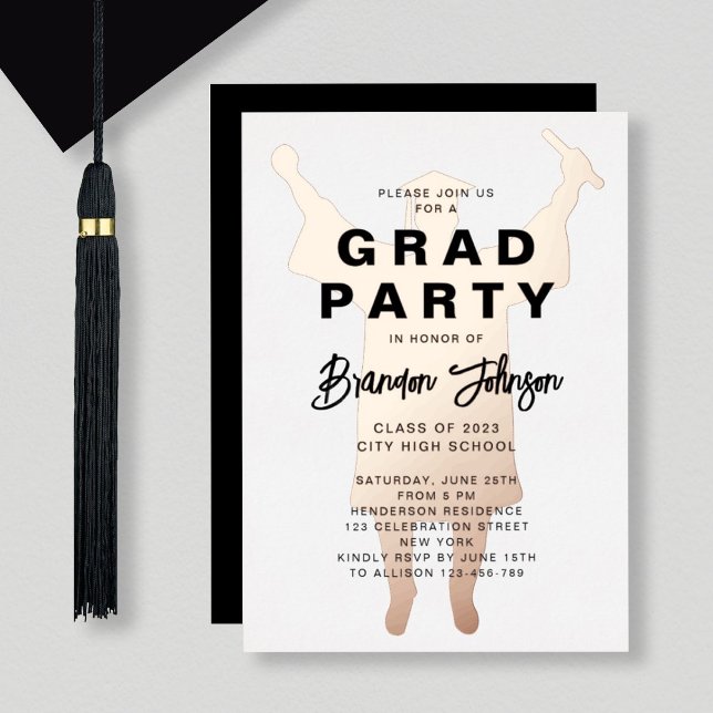 Boy Modern Black Rose Gold Graduation Party Foil Invitation (Creator Uploaded)