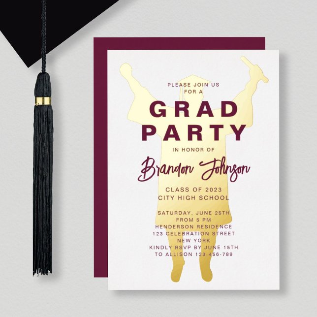 Boy Modern Burgundy Gold Graduation Party Foil Invitation (Creator Uploaded)