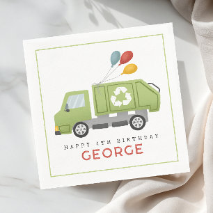 Boy Modern Green Garbage Trash Truck Birthday Napkins