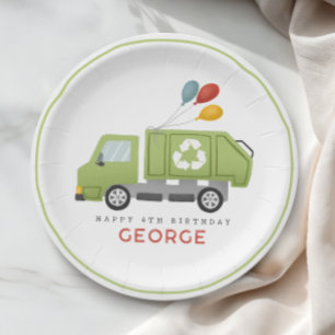 Boy Modern Green Garbage Trash Truck Kids Birthday Paper Plates