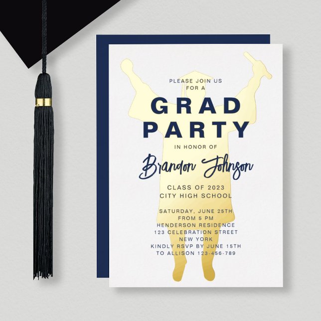 Boy Modern Navy Blue Gold Graduation Party Foil Invitation (Creator Uploaded)