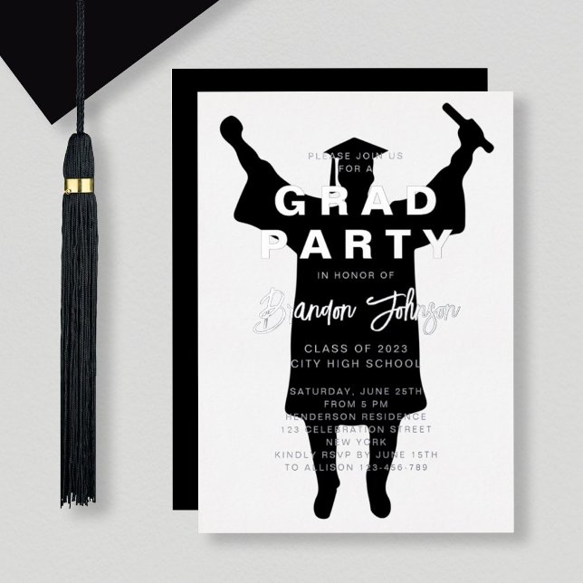 Boy Modern Silver Black Graduation Party Foil Invitation (Creator Uploaded)