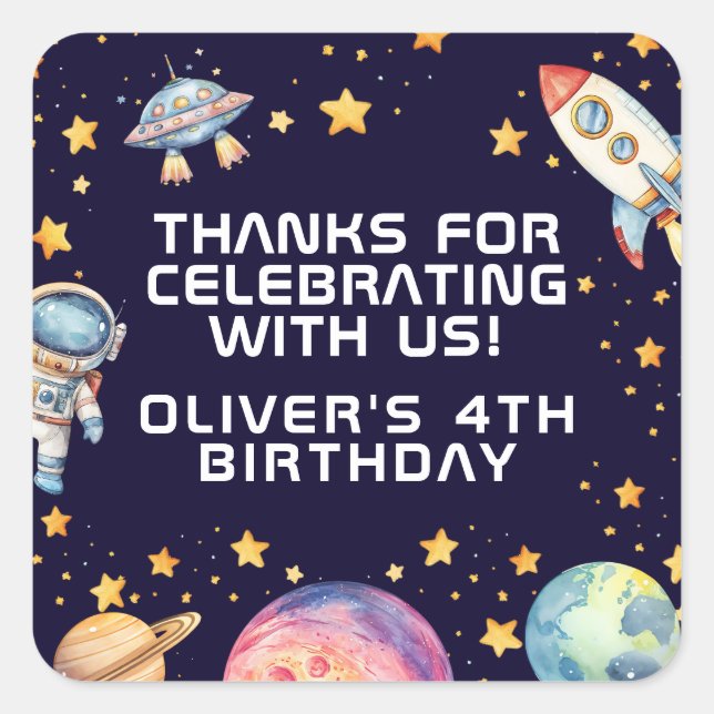 Boy Modern Space Rocket Ship Birthday Party Favors Square Sticker (Front)