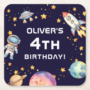 Boy Modern Space Rocket Ship Birthday Party Square Paper Coaster