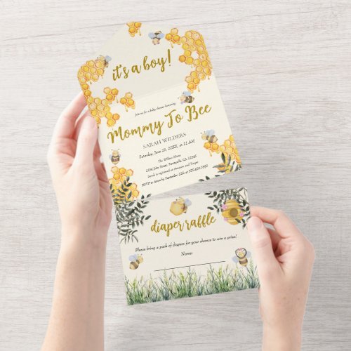Boy Mommy to Bee Cute Watercolor Boho Baby Shower All In One Invitation