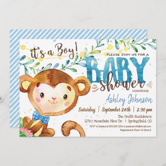 Boy Monkey Baby Shower invitation (Front/Back)