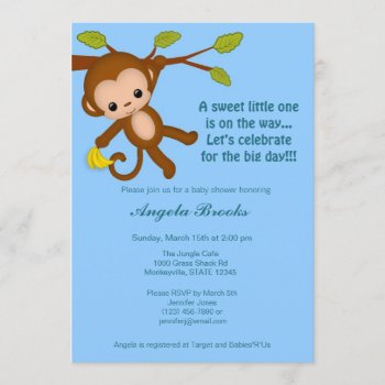 Boy Monkey Baby Shower Invitations Blue Mm2 by MonkeyHutDesigns at Zazzle
