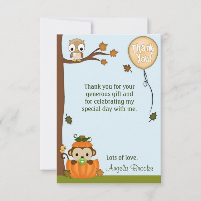 Boy MONKEY Fall Pumpkin Thank You (FLAT) Invitation (Front)