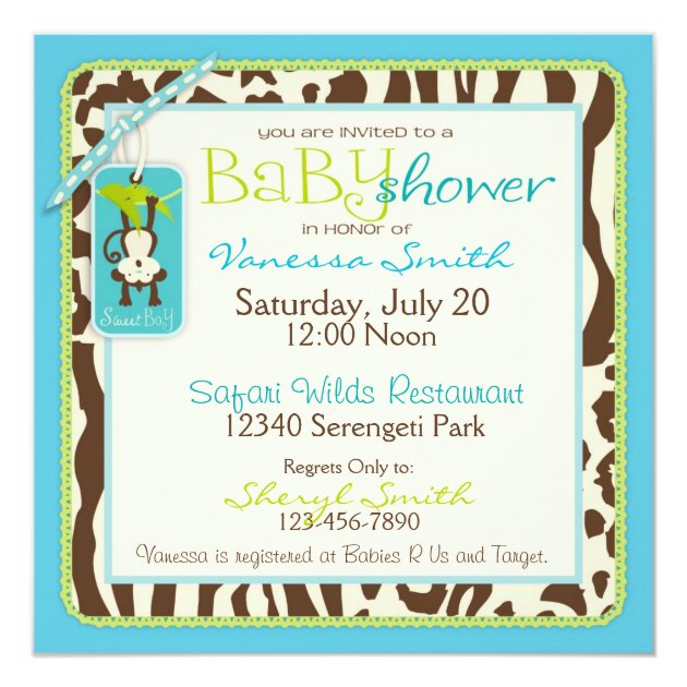 Boy Monkey Jungle Safari Baby Shower Invitation
