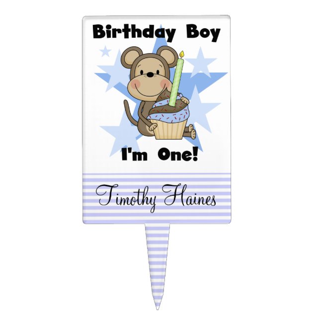 Boy Monkey With Cupcake 1st Birthday Cake Topper (Front)