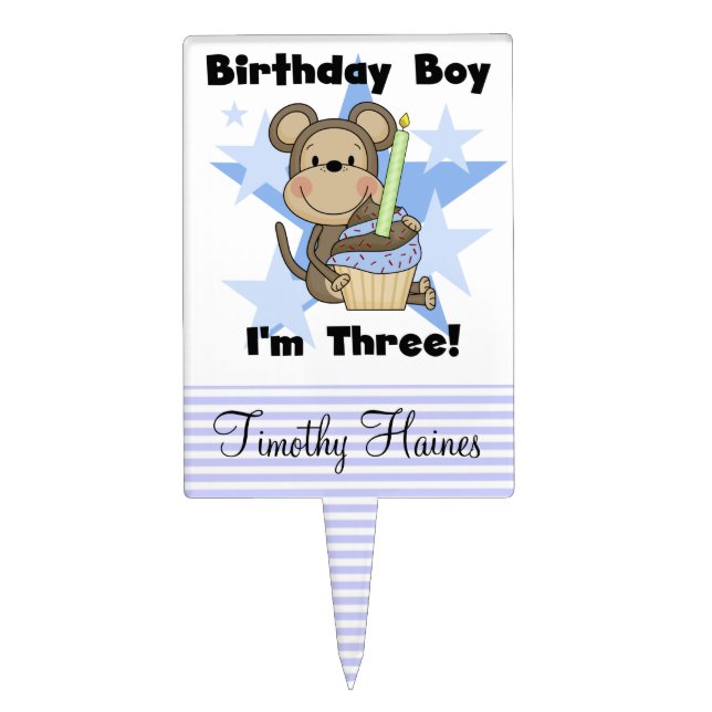 Boy Monkey With Cupcake 3rd Birthday Cake Topper (Front)