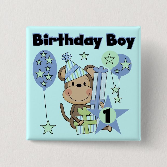 Boy Monkey With Gifts 1st Birthday Pinback Button (Front)