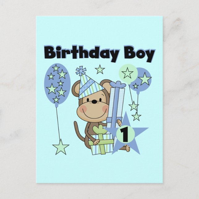 Boy Monkey With Gifts 1st Birthday Postcard (Front)