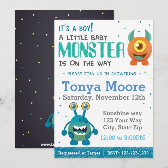Boy Monster Baby Shower Invitation (Front/Back)