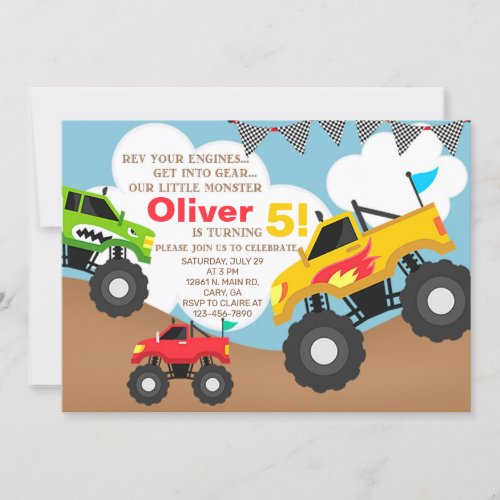 Boy monster trucks birthday invitation invitation