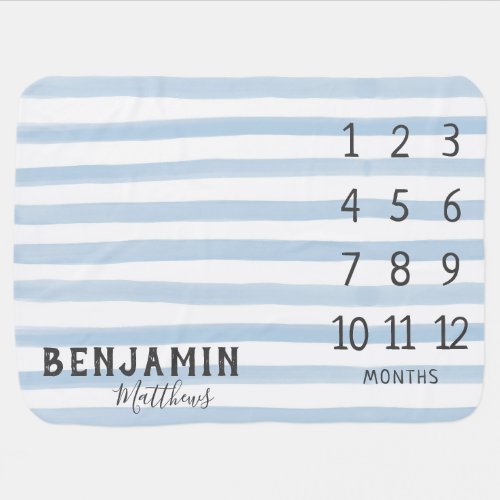 Boy Monthly Milestone Modern Trendy Blue Stripe Baby Blanket