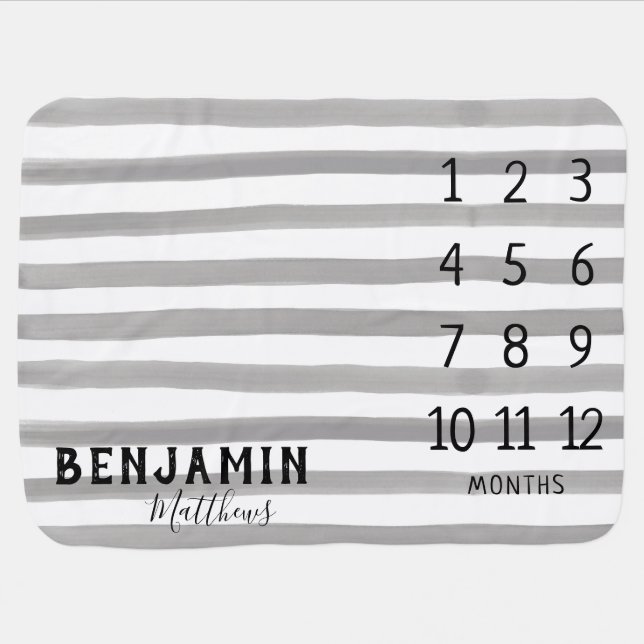 Boy Monthly Milestone Modern Trendy Gray Stripe Baby Blanket (Horizontal)