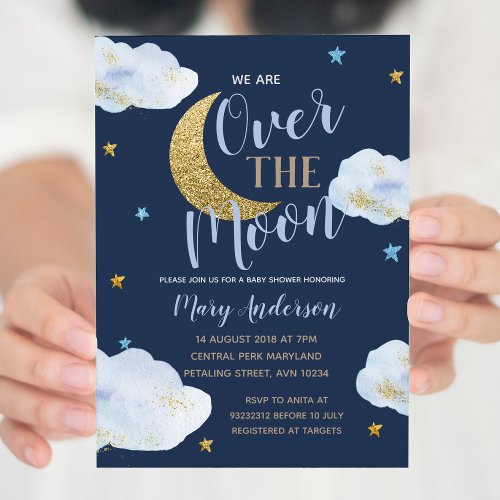 Boy Moon Lilac Blue and Gold Baby Shower Invitation