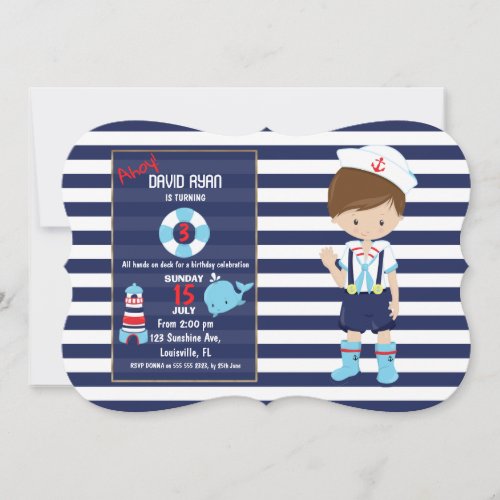 Boy Nautical Navy Blue Stripes Birthday Party Invitation