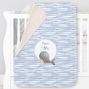 Boy Nautical Whale Blue Beige Summer Ocean Name Baby Blanket
