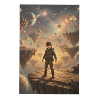 Boy Navigates Floating Islands in Cosmic Nebula Wood Wall Art