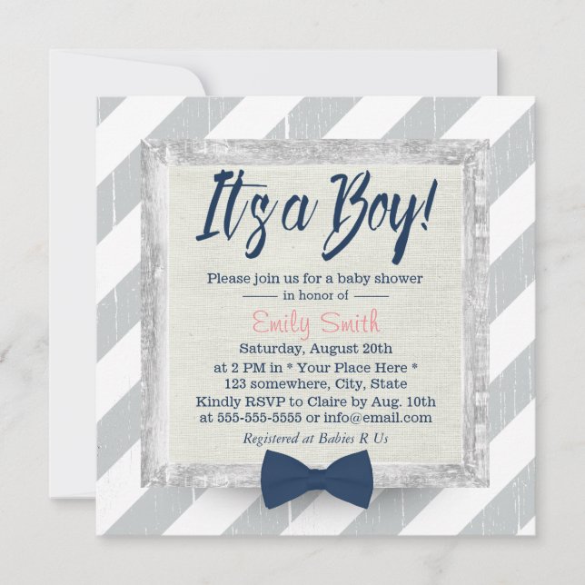 Boy Navy Blue Bow Tie Grey Stripes Baby Shower #2 Invitation (Front)