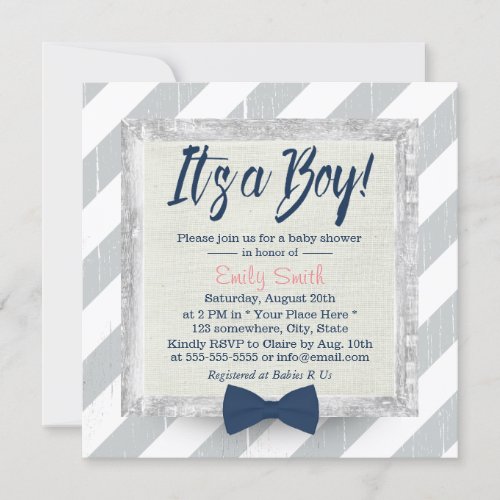 Boy Navy Blue Bow Tie Grey Stripes Baby Shower 2 Invitation