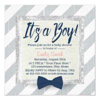 Boy Navy Blue Bow Tie Grey Stripes Baby Shower Card