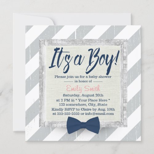 Boy Navy Blue Bow Tie Grey Stripes Baby Shower Invitation