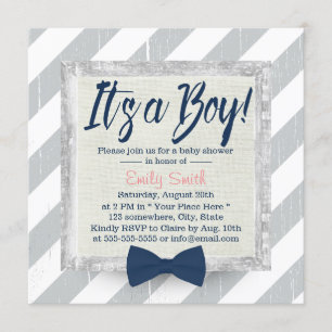 Boy Navy Blue Bow Tie Grey Stripes Baby Shower Invitation