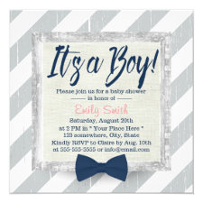 Boy Navy Blue Bow Tie Grey Stripes Baby Shower Invitation