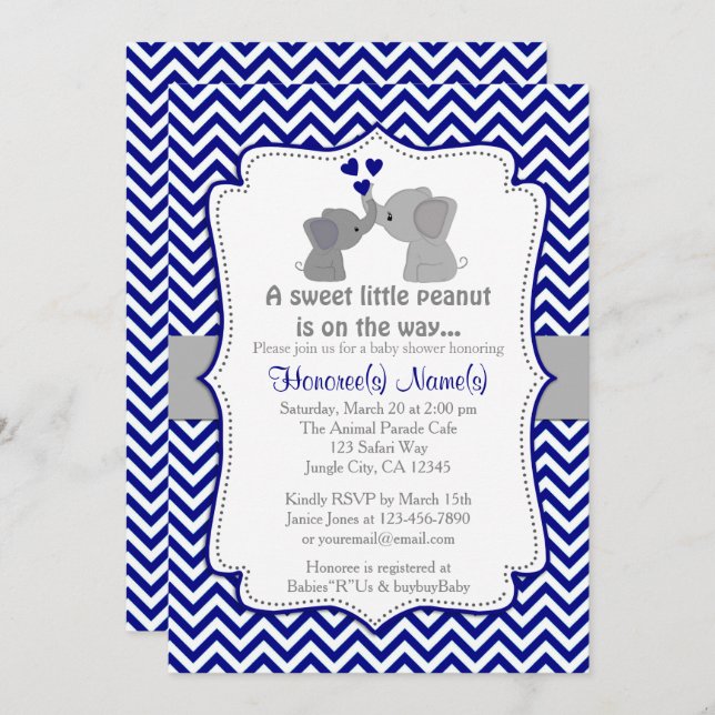 Boy Navy Elephant Baby Shower Invitations Chev 366 (Front/Back)
