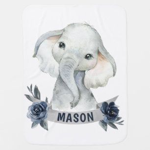 Boy Navy Elephant Name Roses Baby Blanket Blue